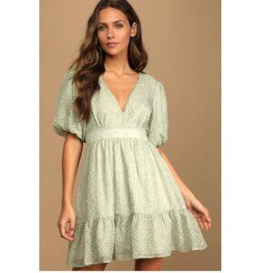 Lulus Sage Waltz Green Textured Puff Sleeve Deep V-Neck Tiered Mini Dress P7119